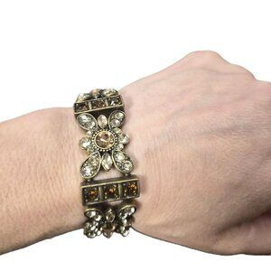 VTG Brass Stretch Bracelet with Clear/Champagne Rhinestones Floral Design Boho